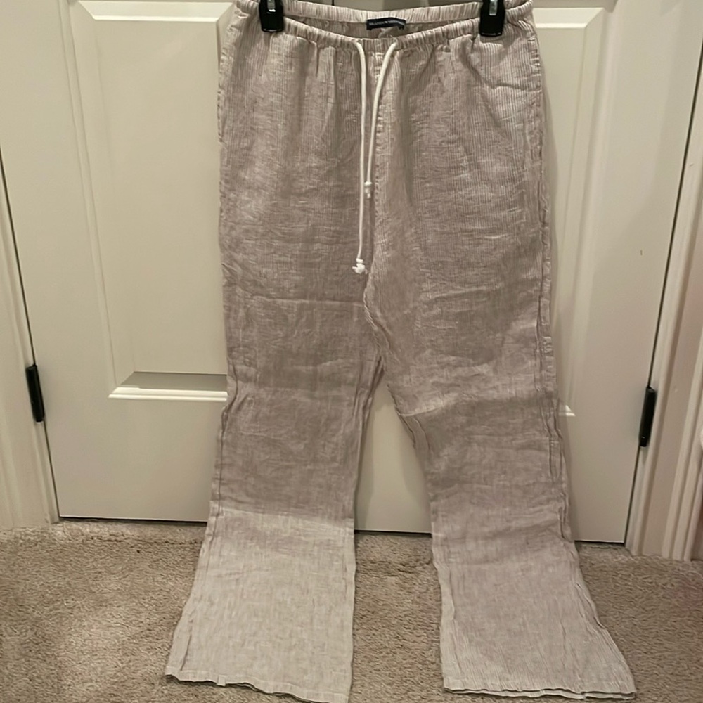 Tan and white striped Brandy Melville wide leg sweatpants; adjustable waist